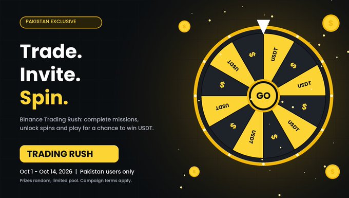 A promotional graphic for a Binance 'Trading Rush' campaign exclusive to Pakistan (Oct 1 - Oct 14, 2026), featuring a yellow and black spin wheel with USDT and dollar sign prizes.