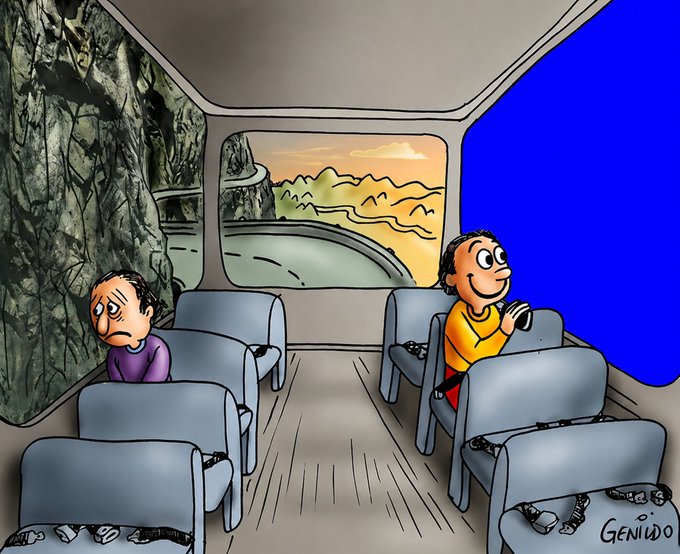 A cartoon by Genildo shows a sad passenger looking out a bus window at a rocky cliff, while a smiling passenger looks at a bright blue view on the opposite side.