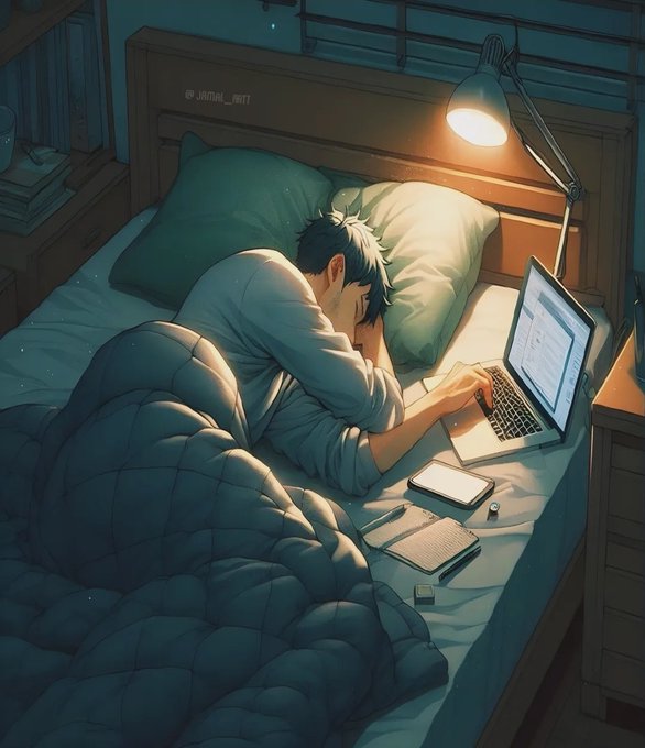 urn of flowers sits on a wooden table, with a laptop and books nearby, while the man sleeps peacefully on a bed covered by a blue quilt.