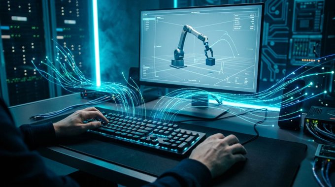 A person types on a backlit keyboard in a dark, futuristic setting with server racks, while a monitor displays a 3D model of a robotic arm.