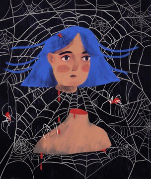 An artistic painting of a figure with blue hair, a red choker, and red marks resembling wounds, set against a black background covered in white spiderwebs with small spiders.