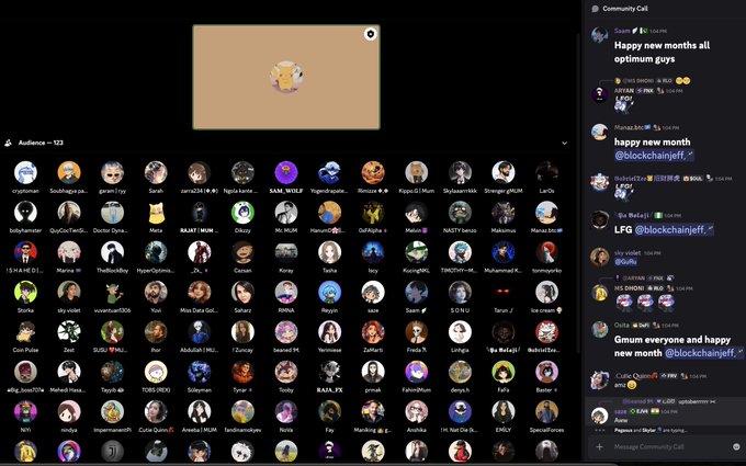 A screenshot of a Telegram group video call featuring an audience of 153 users and a community chat on the right wishing happy new month.