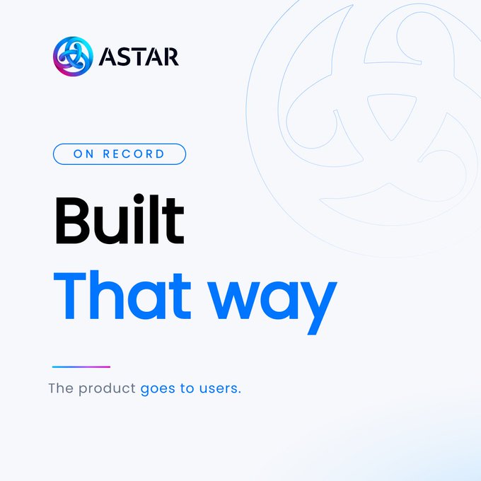 A promotional graphic from Astar titled "Built That way" features the company's blue and purple atom-like logo in the top-left corner, with "ON RECORD" labeled in a small blue pill-shaped badge above the main text. The headline reads "Built That way" in bold black and blue lettering, followed by the tagline "The product goes to users." — reinforcing the post's message that Astar designs its products to meet users on the networks they already use, with the starting point belonging to the user rather than the product.