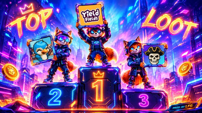 A vibrant game-themed promotional image featuring three anthropomorphic foxes standing on a 1-2-3 podium, holding signs including one reading 'Yield Fields', with 'TOP' and 'LOOT' text and a 'PROD. BY LFG' watermark.