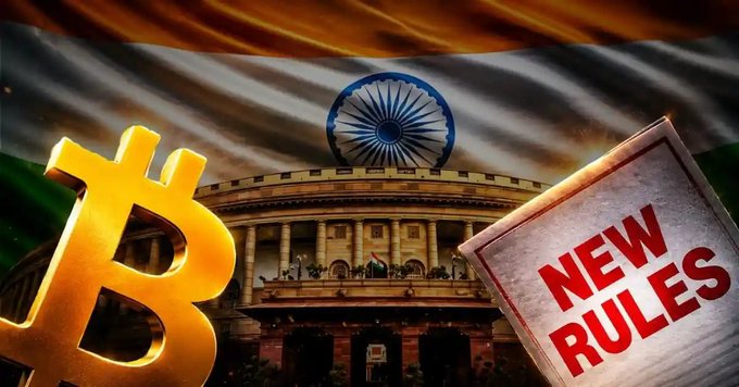 A graphic showing a large golden Bitcoin symbol in front of the Indian Parliament building with the national flag in the background, alongside a notepad reading 'NEW RULES'.