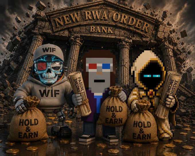 Cryptocurrency-themed artwork featuring a skeleton in a 'WIF' hoodie, a pixel-art figure, and a blocky character standing before a 'NEW RWA ORDER BANK' with money bags labeled 'HOLD & EARN' and 'PASSIVE INCOME'.