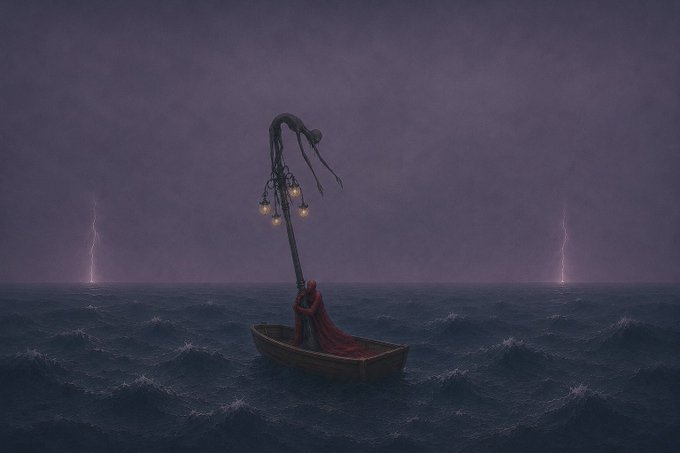 A surreal digital artwork of a hooded figure in a red cloak sitting alone in a small wooden boat on a stormy dark sea, holding a lamppost with glowing bulbs, with lightning strikes in the purple sky.