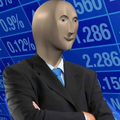The 'Meme Man' character, a faceless figure in a black suit, stands in front of a blue screen displaying stock market percentages.