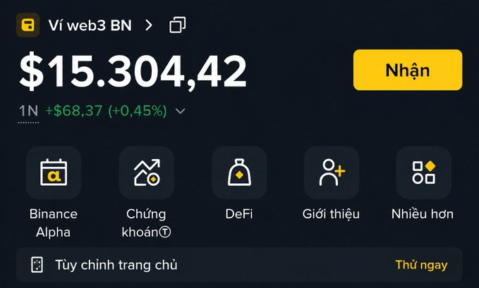 A Binance Web3 wallet interface in Vietnamese showing a balance of $15,304.42 with a 'Nhận' (Receive) button, and menu options including Binance Alpha, Chứng khoán, DeFi, Giới thiệu, and Nhiều hơn.
