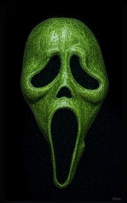 The iconic green Ghostface mask from the Scream franchise is shown with its mouth agape in a scream against a dark background, with a "Grok" watermark visible in the corner. The screaming mask serves as a fitting visual metaphor for the post's message about #FOMC representing "Fear Of Missing Correction," capturing the panic and disappointment crypto traders feel after being repeatedly misled by green pumps following the October 10 warning.