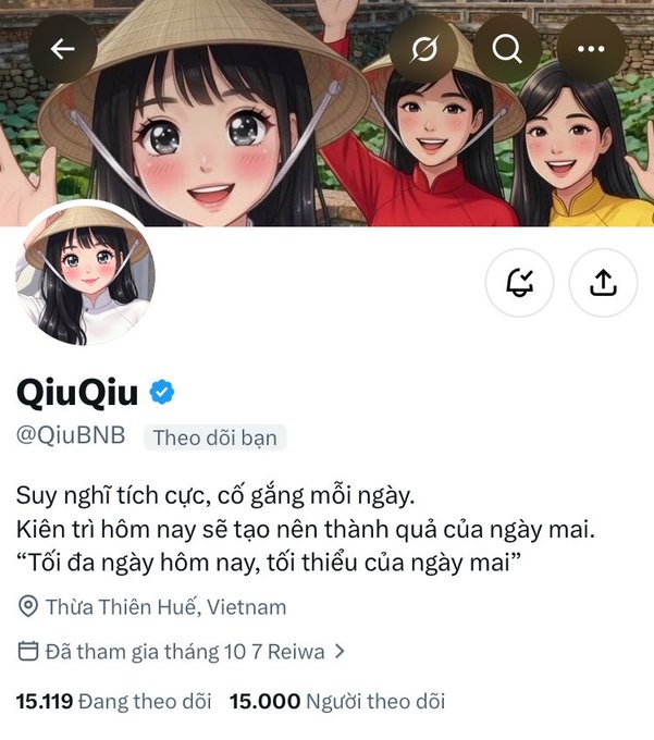 A X/Twitter profile page for verified user "QiuQiu" (@QiuBNB) featuring anime-style artwork of girls in conical hats, a Vietnamese bio with motivational text, and 15,000 followers based in Thừa Thiên Huế, Vietnam.
