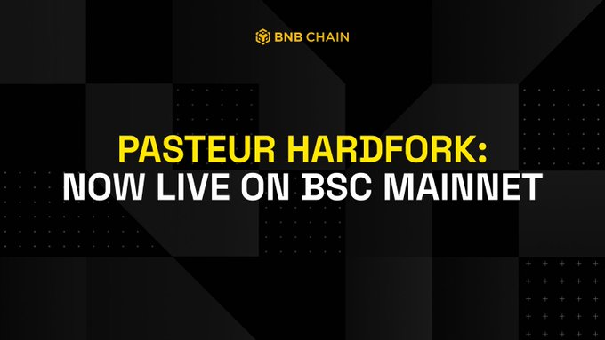 A graphic from BNB Chain announces the activation of the Pasteur hard fork on the BSC mainnet, supporting the announcement of improved transaction speeds (up to 2,324 TPS) and enhanced bridge security for users.