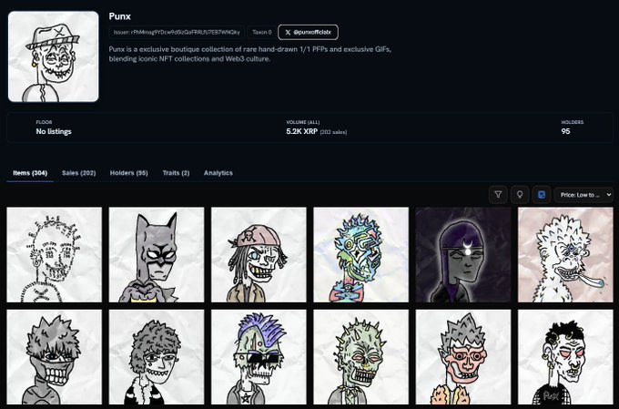 A webpage for the 'Punx' NFT collection on Tensor, showing 304 items including various hand-drawn character portraits, with 5.2K XRP in volume and 95 holders.