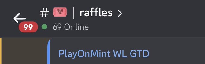 A screenshot from a Discord server shows the "#🎟️|raffles" channel with 99 notifications and 69 members online, promoting the "PlayOnMint WL GTD" whitelist giveaway that aligns with the post announcing a free mint collaboration between @PlayOnMint and @jestersjpegs.