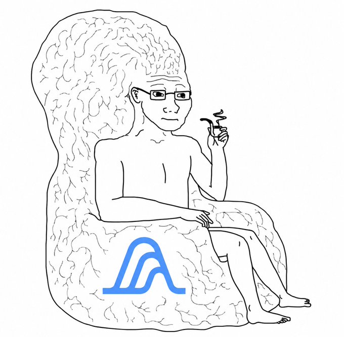 A hand-drawn black-and-white illustration of a bald, bespectacled figure sitting in a large brain-shaped chair, smoking a pipe and wearing nothing but glasses, with a blue stylized "A" logo on the chair. The post's reference to "4D chess" and an anonymous prediction connects to the image's theme of mysterious foresight, with the all-seeing brain-chair figure symbolizing deep, strategic thinking or clairvoyance—fitting the speculative tone of the Bitcoin ATH prediction discussion tied to @variational_io.