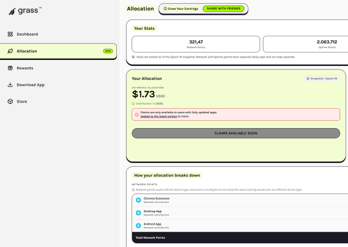 A screenshot of the Grass app dashboard showing network allocation stats with 321.47 Network Points, an estimated allocation of $1.73 USDC, and a 'Claims Available Soon' message.