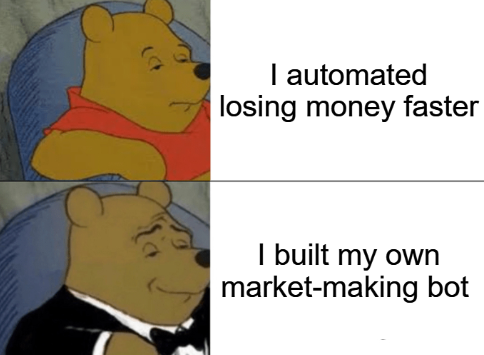 The meme depicts Winnie the Pooh in two panels suggesting a contrast between "I automated losing money faster" and "I built my own market-making bot," humorously relating to the accompanying post about a potentially worthless airdrop and Variational's fair points distribution.