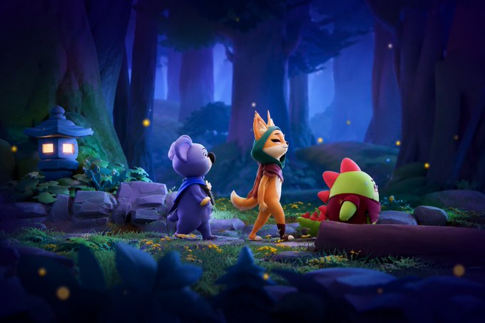An animated 3D-rendered scene showing a koala character and an orange fox-like character in a green hood standing in a moonlit forest next to a small dinosaur character, with fireflies and a stone lantern in the background.