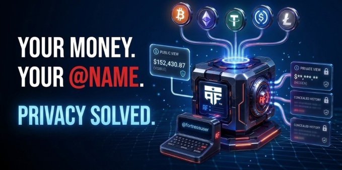 A digital promotional graphic reads 'YOUR MONEY. YOUR @NAME. PRIVACY SOLVED.' and features crypto coin icons alongside a futuristic vault device labeled 'FORT'.
