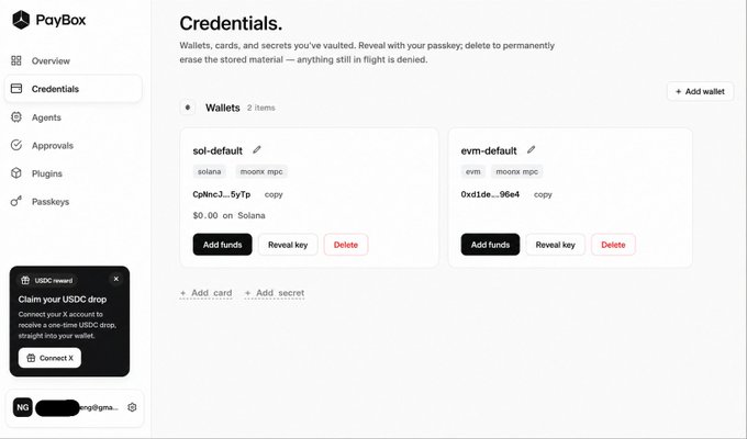The PayBox interface shows a "Credentials" section with two wallets, "sol-default" and "evm-default," related to a USDC drop incentive. The post encourages users to join PayBox on Moonpay, implying a connection to this reward.