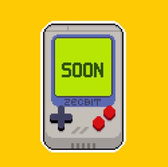 Pixel art illustration of a gray handheld gaming device with a green screen displaying 'SOON' and the text '2EC8IT' below the screen, set against a yellow background.