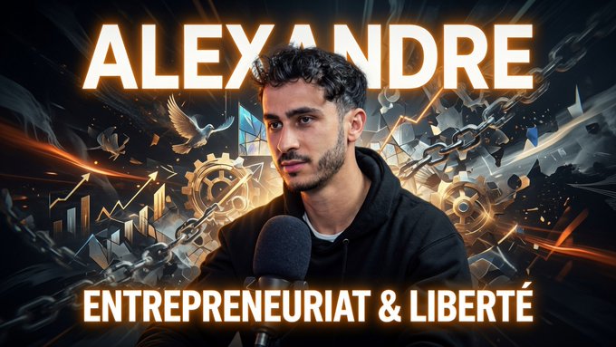 A young man named "ALEXANDRE" appears centered before a microphone, with the text "ENTREPRENEURIAT & LIBERTÉ" displayed at the bottom. The background features dynamic visuals including chains, gears, and a rising chart—symbolizing entrepreneurial freedom, which ties into the post's announcement of breaking free from limitations through the @UlrichFY chain.