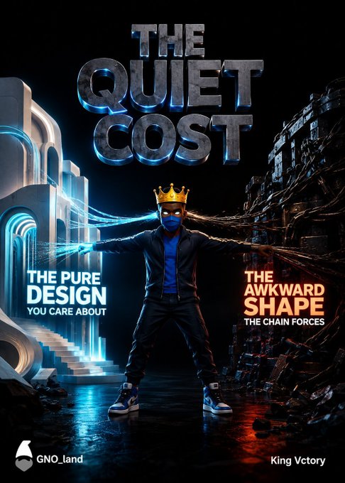A promotional graphic titled 'THE QUIET COST' featuring a crowned figure in a blue mask standing between text reading 'THE PURE DESIGN YOU CARE ABOUT' and 'THE AWKWARD SHAPE THE CHAIN FORCES,' with logos 'GNO_land' and 'King Vctory' at the bottom.