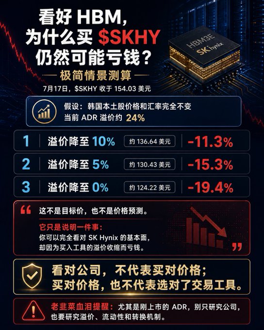 The image is an infographic analyzing why being bullish on HBM doesn't guarantee profits when buying SK Hynix's ADR ($SKHY), showing that if the current ~24% premium shrinks to 10%, 5%, or 0%, the ADR price would fall to approximately $136.64 (-11.3%), $130.43 (-15.3%), or $124.22 (-19.4%) respectively, warning investors that getting the company right doesn't mean getting the price or trading instrument right.