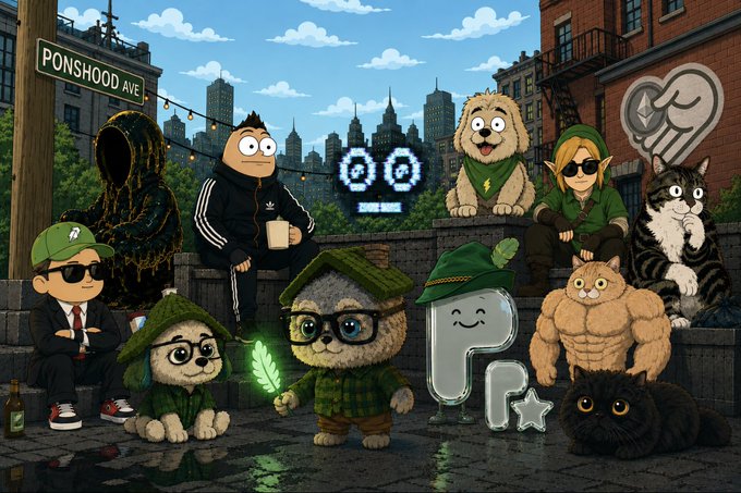 A detailed cartoon illustration featuring various characters including a boy in a suit, figures in hoodies, cats, and dogs, set against an urban street sign reading 'PONSHOOD AVE' with a city skyline in the background.