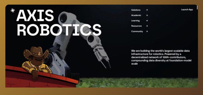 The image shows the Axis Robotics website featuring a mascot in a cowboy hat beside a robotic arm, with navigation menu (Solutions, Academic, Learning, Resources, Community) and text stating they are "building the world's largest scalable data infrastructure for robotics," which aligns with the post's announcement about their Kaito campaign and unlimited community task slots.