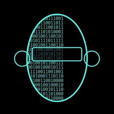 A minimalist digital artwork on a black background depicting a stylized face wearing a mask, rendered in glowing cyan lines with binary code (0s and 1s) forming the pattern.