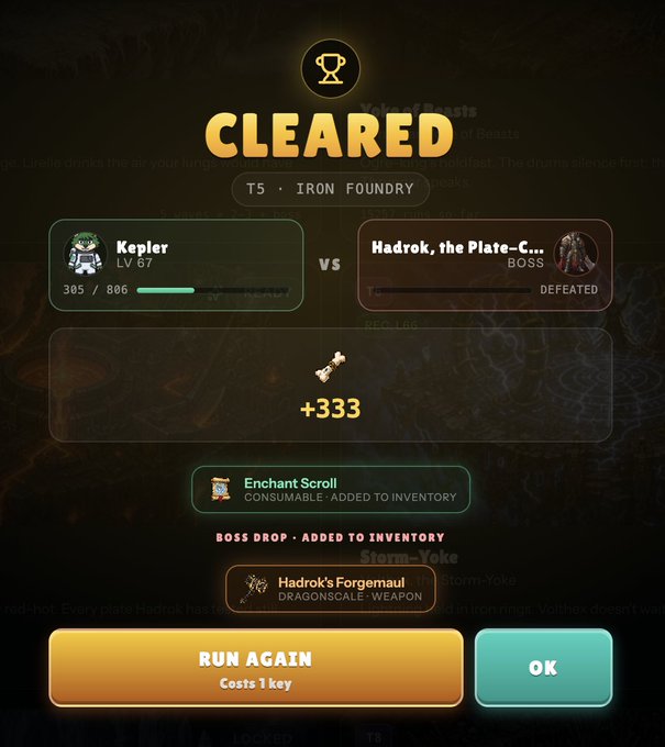 A mobile game victory screen displaying 'CLEARED' for 'T5 - IRON FOUNDRY', showing a level 67 character named Kepler defeating boss Hadrok and receiving a dragonscale weapon drop.