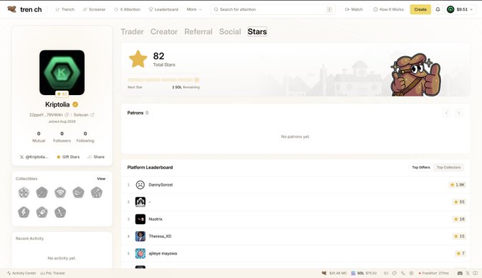 The image shows a Trench (tren.ch) profile page for user "Kriptolia" (@kriptolia_) displaying 82 Total Stars, 5 SOL remaining for the next star, no patrons, and a Platform Leaderboard featuring top collectors like DannySonset (1.9K) and Nuetrik (55). The page supports the post about the TRENCH airdrop update by showing the author's profile with their referral link tren.ch/@kriptoliatr, where viewers can connect their X accounts to participate.