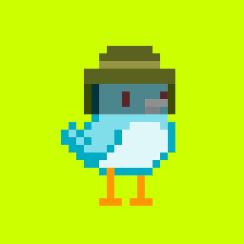 A pixel art image of a blue and white bird-like character wearing a brown hat, set against a lime green background.
