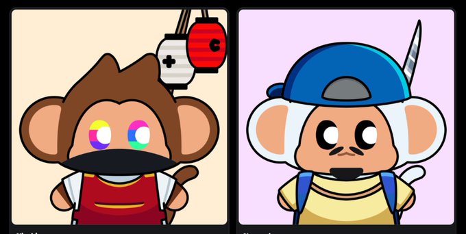 Two cartoon monkey characters; the left one has brown fur, a black face mask, and game controller eyes with rainbow colors, while the right one has white fur, a blue cap with a feather, and normal black eyes.