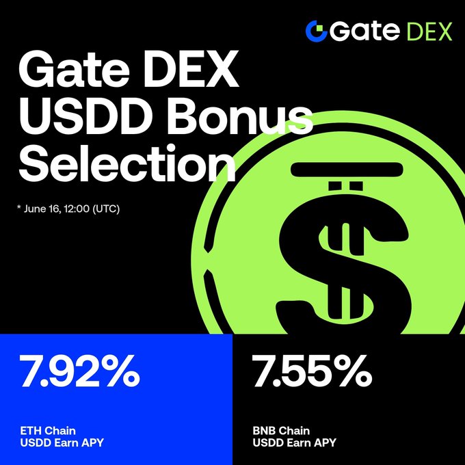 The image features a green circle with a dollar sign inside of it. The text above the image reads "Gate DEX USDD Bonus Selection", while below the image there are two lines of text, one reading "Phase 3" and another saying "This event not only enhances the BSC chain but also launches simultaneously on the Ethereum chain, with a total of 50,000 USDD in extra prize pools waiting for you!".