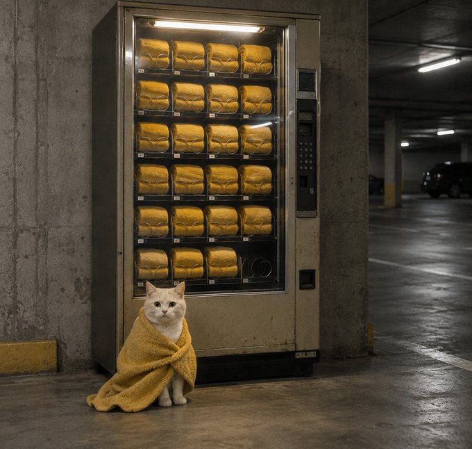 A white cat wrapped in a yellow blanket sits on a concrete floor in a parking garage in front of a vintage vending machine filled with rows of yellow bread loaves.