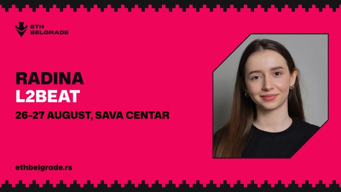 A new speaker announcement graphic for ETH Belgrade (26-27 August, Sava Centar) featuring Radina from L2BEAT, set against a bright pink background with her portrait in a hexagonal frame. The promotional image aligns with the post announcing her upcoming talk on cross-chain infrastructure and bridge security trade-offs.