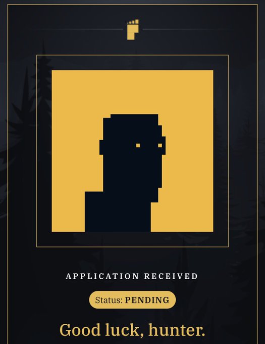 A pixelated silhouette portrait in gold and black displays "APPLICATION RECEIVED" with a "Status: PENDING" badge and the message "Good luck, hunter," representing the user's pending whitelist application status for BITFOOTS.