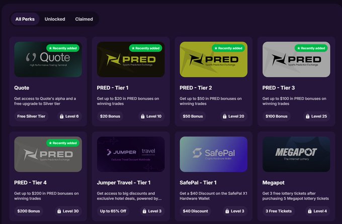 A rewards dashboard shows various perks including Quote, PRED (Tier 1-4), JumperTravel, SafePal, and Megapot, each with bonus amounts and level requirements.