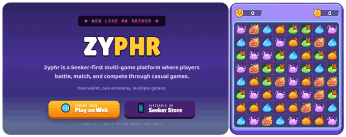 A promotional graphic for Zyphr ("ZYPHR"), described as a "Seeker-first multi-game platform" featuring "Play on Web" and "Available on Seeker Store" buttons, alongside a colorful match-3 style game preview.