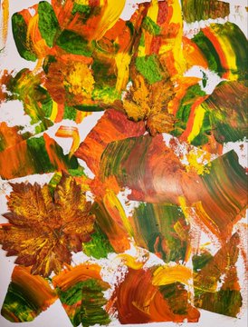 An abstract painting or digital artwork depicting autumn leaves with thick, expressive brushstrokes in vibrant shades of orange, yellow, green, and brown.