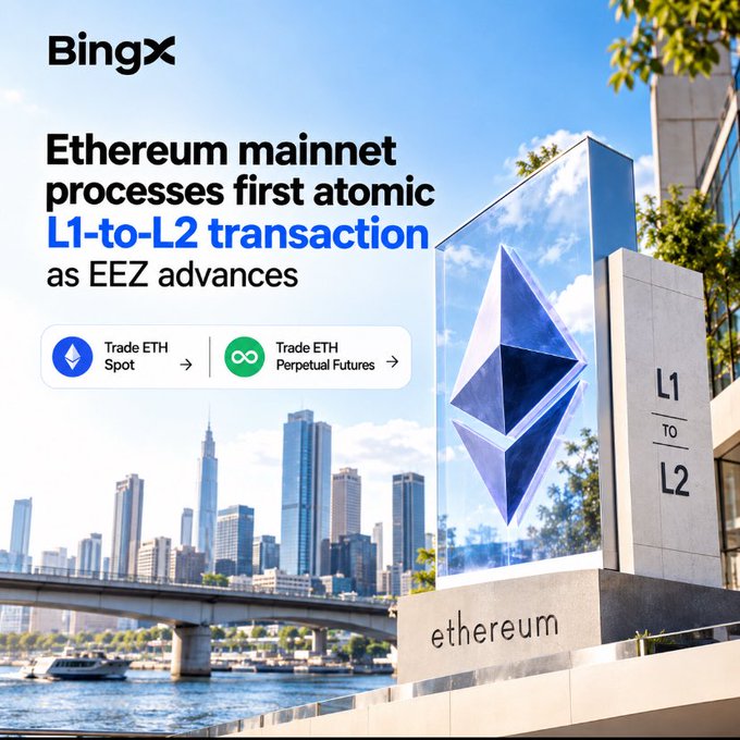 A BingX promotional graphic announces that the Ethereum mainnet processes its first atomic L1-to-L2 transaction as EEZ advances, featuring the Ethereum logo monument and a cityscape.