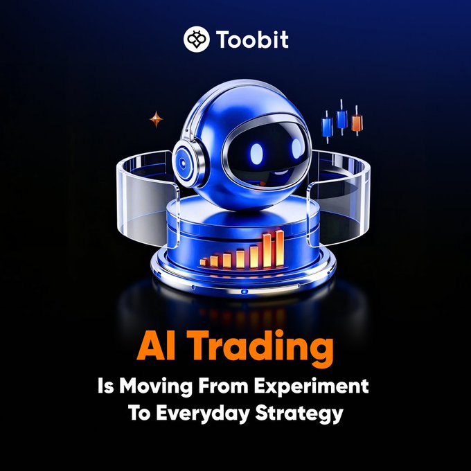 The image is a promotional graphic for Toobit featuring a blue AI robot displaying candlestick charts and bar graphs, with the text "Toobit" at the top and "AI Trading Is Moving From Experiment To Everyday Strategy" at the bottom. It visually supports the post's message by symbolizing how AI trading tools help traders quickly process market data and charts, addressing the challenge of filtering information fast enough to keep up with crypto markets.