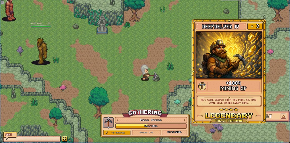 A pixel-art RPG game screen shows a character in a grassy field gathering silver stones, with a "Mining XP" card on the right labeled "Deepdelver IV" offering "+100% MINING XP" and tagged "LEGENDARY FIRST EDITION." This relates to the announcement by highlighting that mining will be one of the gathering skills available from Day 1 of the Public Alpha in early October.