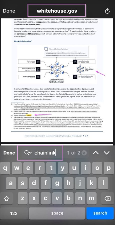A smartphone screenshot showing a PDF from whitehouse.gov about blockchain oracles, with a search for 'chainlink' on the device's keyboard.