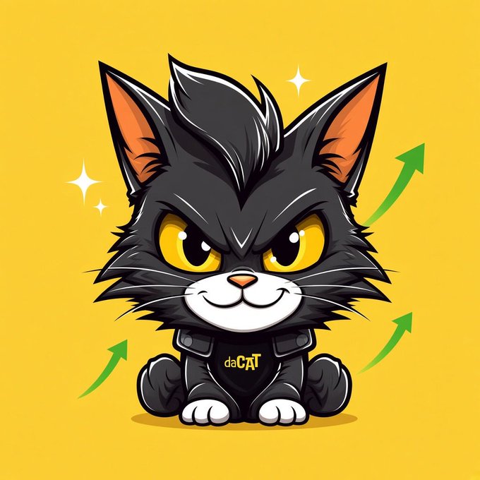 A cartoon mascot of a black cat with intense yellow eyes wearing a jacket labeled 'daCAT' sits against a yellow background with green upward arrows and sparkle accents, symbolizing rising value.