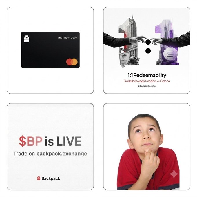 A collage of four Backpack-related images shows a platinum debit card, "1:1 Redeemability — Trade between Nasdaq <> Solana," "$BP is LIVE — Trade on backpack.exchange," and a thoughtful boy in a red shirt — visually representing the anticipated Backpack announcements including the Backpack Card, tokenized stock listings, and the potential IPO ($BP).