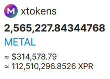 The image displays a balance of 2,565,227.84344768 xtokens (METAL), valued at approximately $314,578.79 or 112,510,296.8526 XPR, confirming the post's claim that the Dogecoin Foundation still holds 2,565,227 Metal tokens.