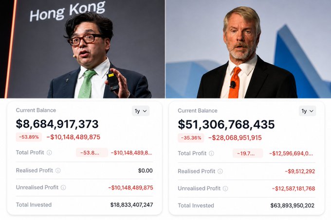 The image shows two men wearing suits, one standing with a microphone and another seated at a desk, both of them talking about cryptocurrency. The man speaking with the microphone has his hands up while the other man sits down. They are discussing the current state of Bitcoin and Ethereum, which have experienced significant fluctuations in value over the past few months. The image also includes text that provides information on the unrealized losses for these two crypto bulls, indicating their financial positions at the time the photo was taken.